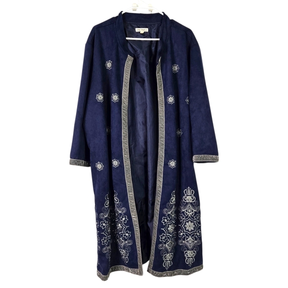 Indigo Thread Duster Coat Blue Embroidered Long Microsuede Longline Boho Plus 3X - Picture 9 of 14
